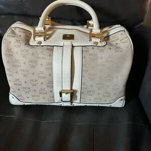 MCM Beige and White RARE Logo Satchel